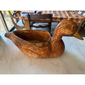 Vintage Hand Carved Wooden Duck Planter Folk Art Rustic Cabin Decor Bowl